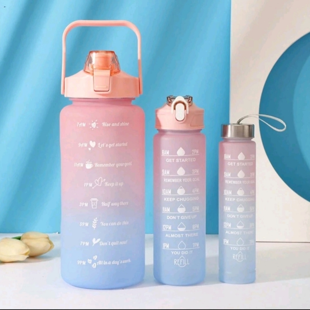 3pcs Outdoor Portable Gradient Color Leakproof Straw Water Bottle With Large Cap